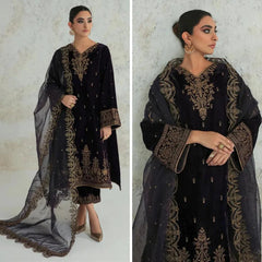 966-3PC Velvet Dress With Embroidered Organza Dupatta