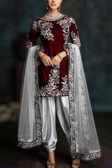 301 - Embroidered Velvet 3-Piece Dress with Organza Dupatta
