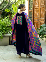 975-3piece Embroidered Velvet Dress