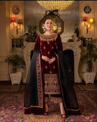 617 3PC Velvet Embroidered Shirt With Organza Embroidered Dupatta