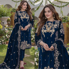 955 Embroidered Velvet Three piece With Velvet Shawl