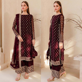 960-3PC Embroidered Velvet Dress With Embroidered Organza Dupatta