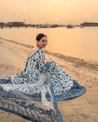 FAIZA SAQLAIN-FROCK 3PC LAWN EMBROIDERED SHIRT WITH NET EMBROIDERED DUPATTA AND TROUSER-4847