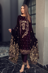 7445-3PC Velvet Embroidered Dress With Embroidered Velvet Shawl
