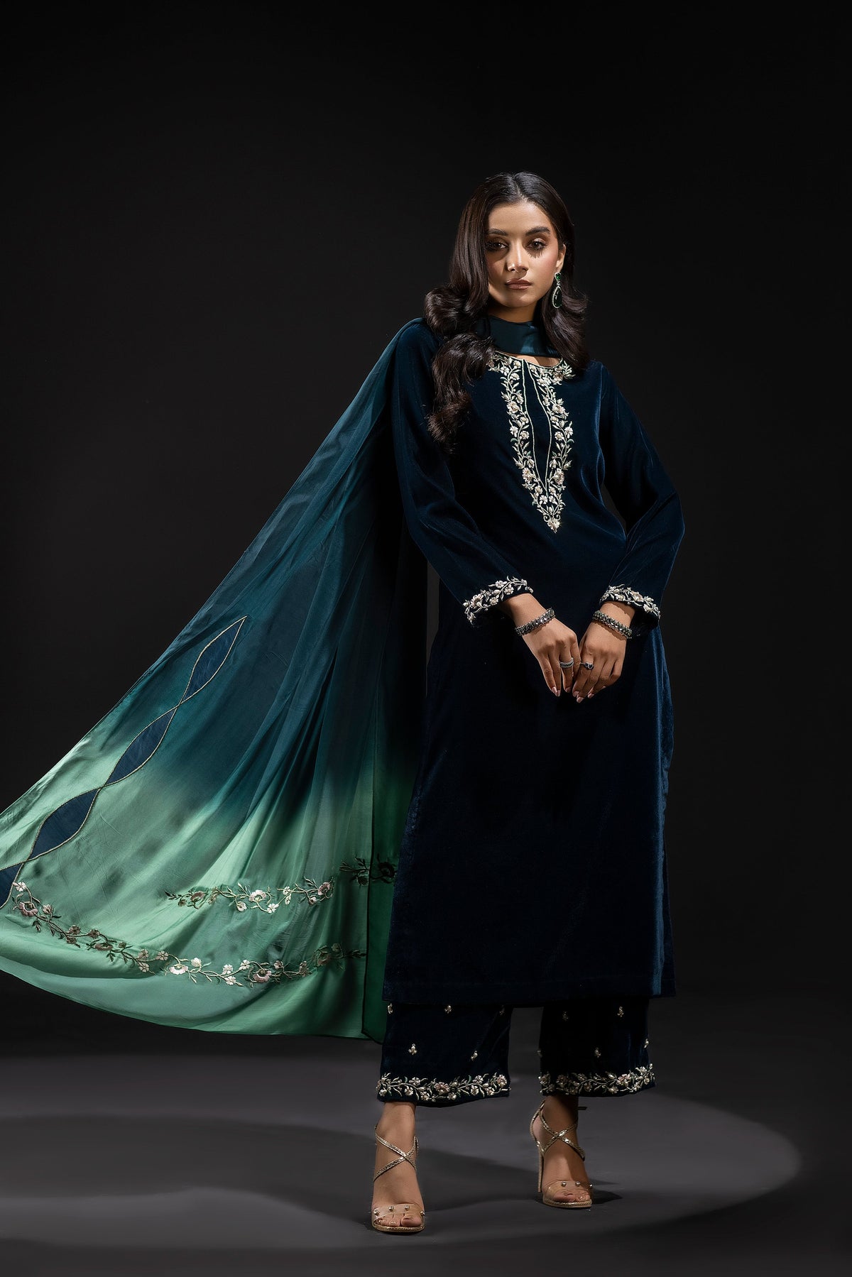 1009DL -Embroidered Velvet 3-Pc dress with wool Print Shawal