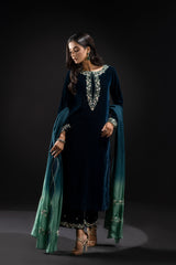 1009DL -Embroidered Velvet 3-Pc dress with wool Print Shawal