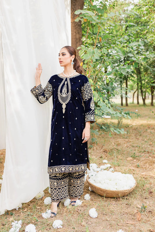 967-3PC Velvet Embroidered Dress With Velvet Embroidered Shawl
