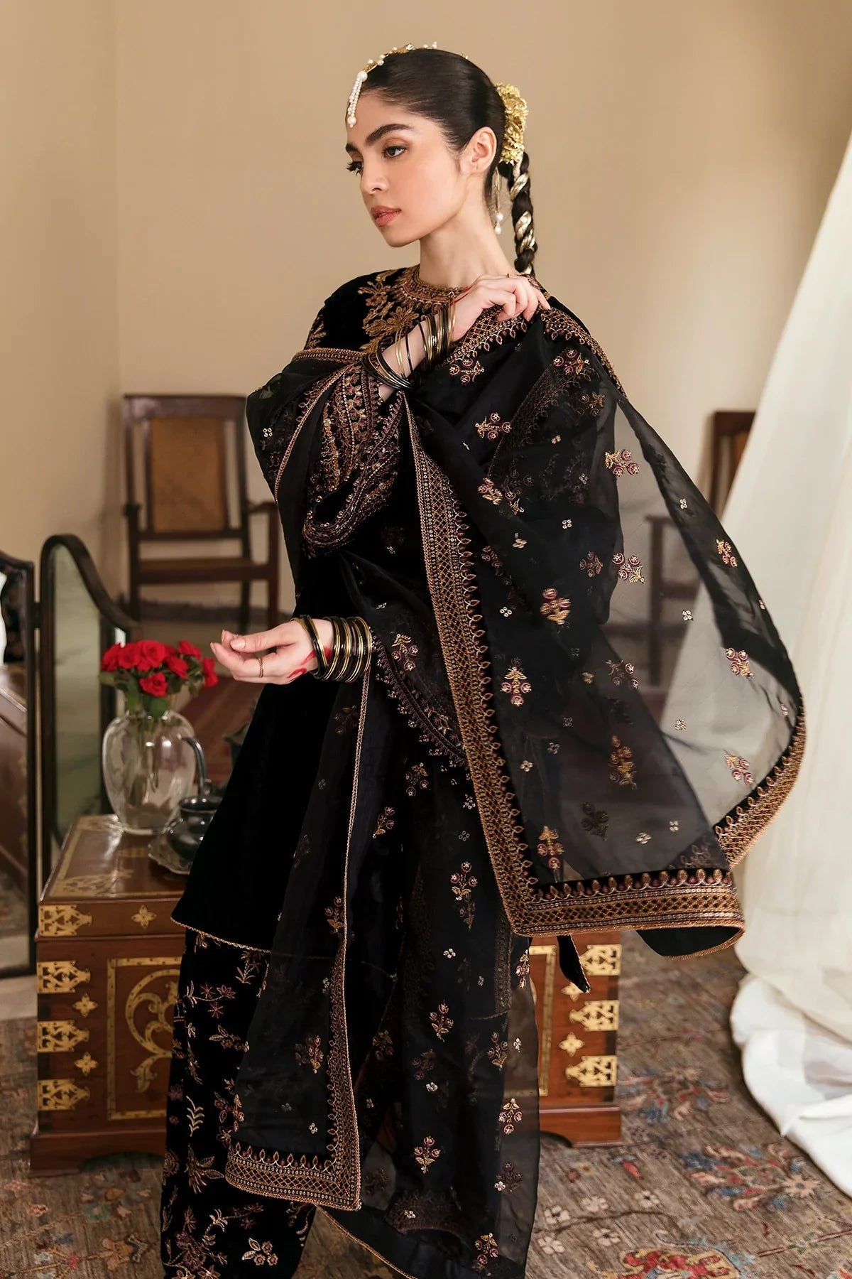 621 Embroidered Velvet Dress With Organza embroidered Dupatta