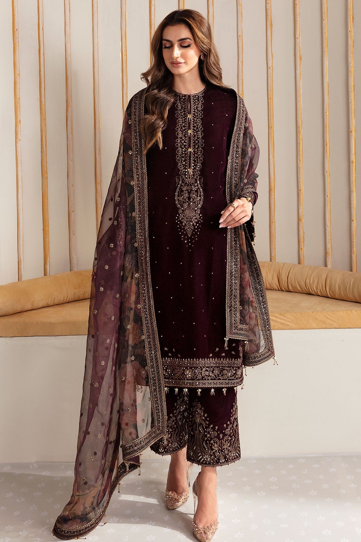 750 - Embroidered Velvet 3-Piece Dress with Organza Dupatta