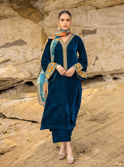 430 - Embroidered Velvet Dress with Printed Karandi shawl