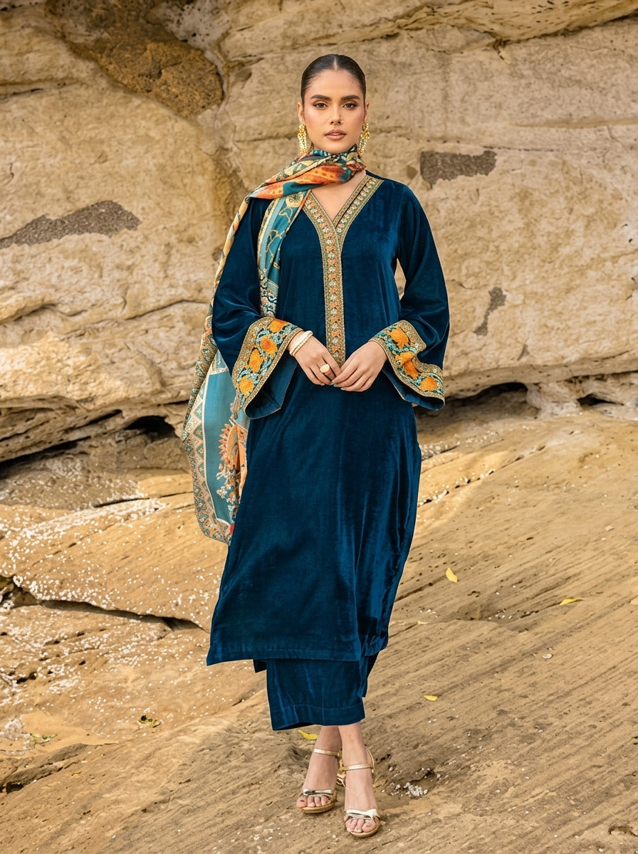 Dilkash Libas Embroidered Micro Velvet 3 Piece D-2009