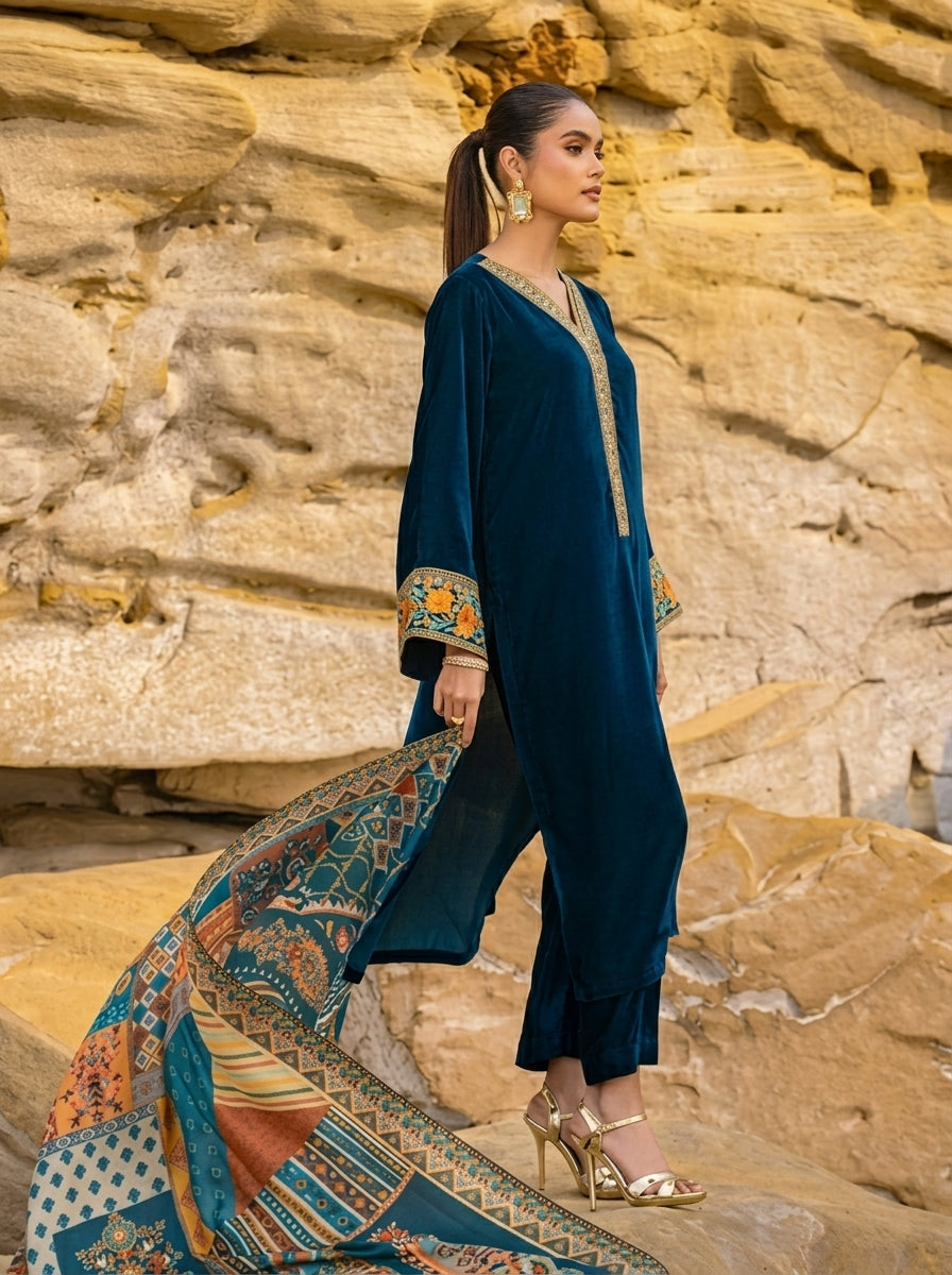 Dilkash Libas Embroidered Micro Velvet 3 Piece D-2009