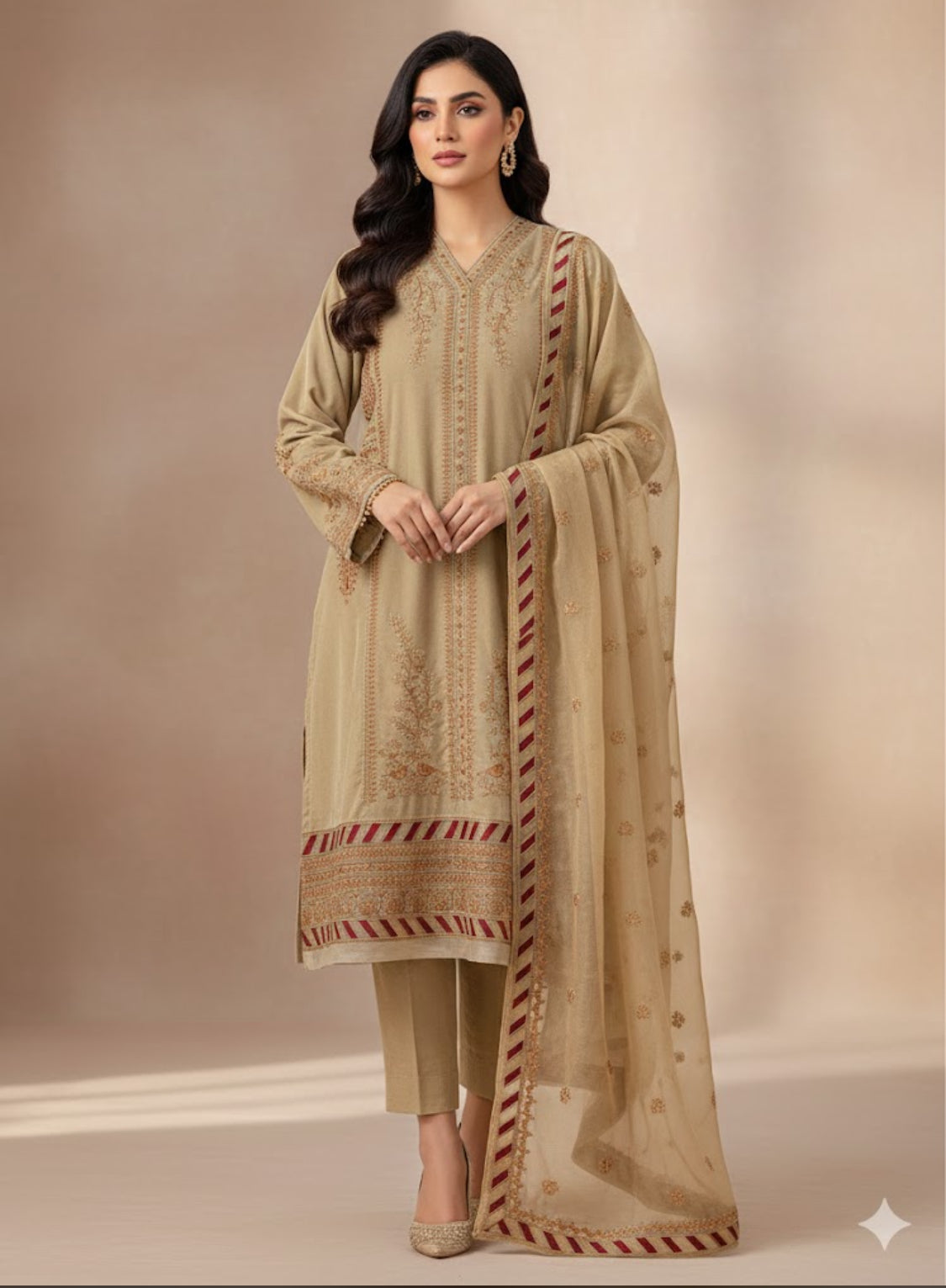 1017-3PC Velvet Embroidered Dress With Embroidered Chiffon Dupatta