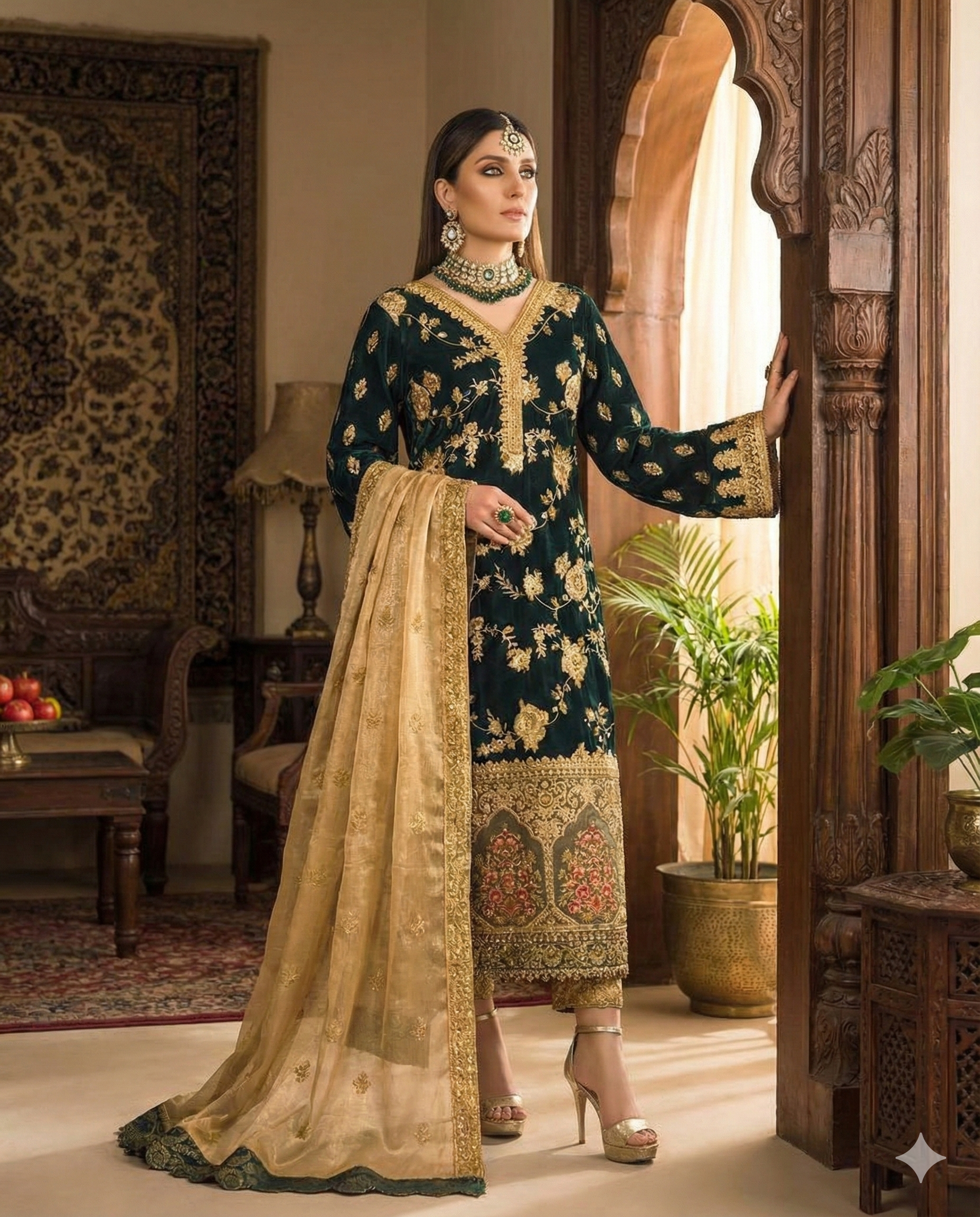 742-DL Velvet Heavy Embroidered Shirt With Organza Heavy Embroidered Dupatta