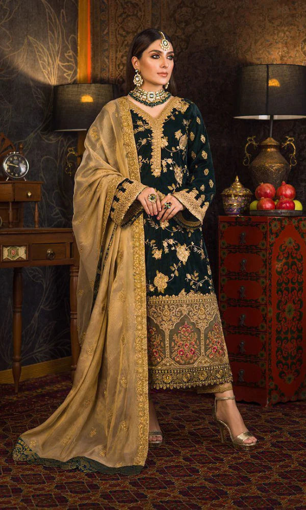 742-DL Velvet Heavy Embroidered Shirt With Organza Heavy Embroidered Dupatta