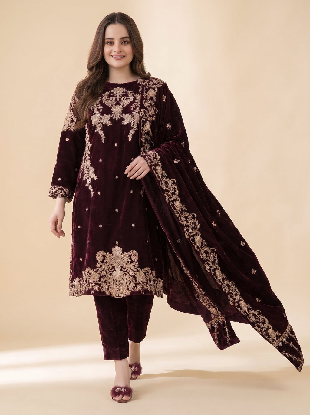 Dilkash Libas Embroidered Micro Velvet 3 Piece D-2007