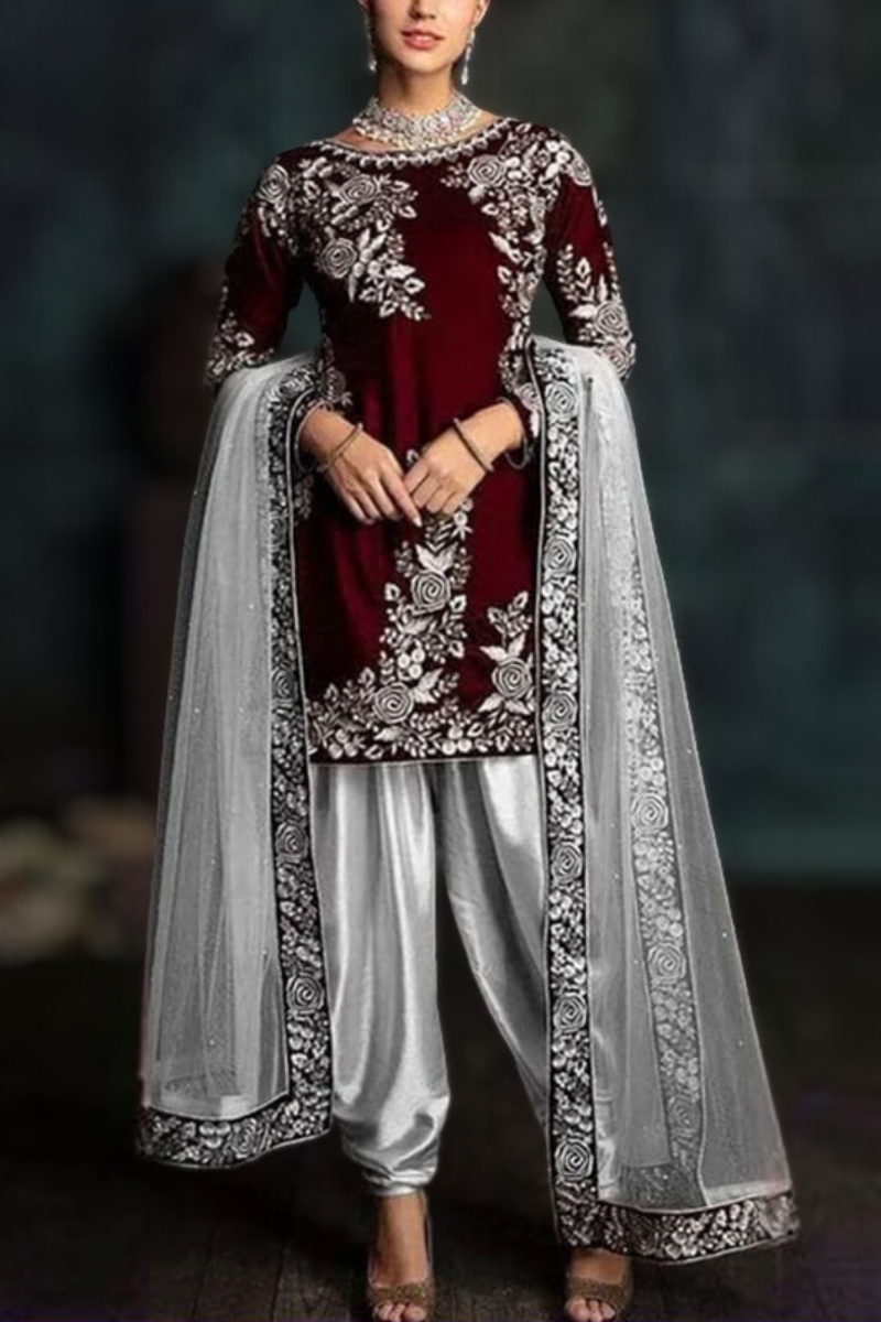 301 - Embroidered Velvet 3-Piece Dress with Organza Dupatta