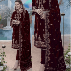 970-3PC Embroidered Velvet Dress With Velvet Shawl