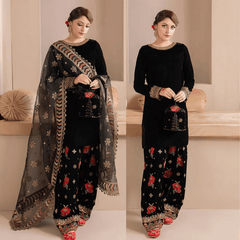 978-3PC Embroidered Velvet Dress With Organza embroidered Dopata