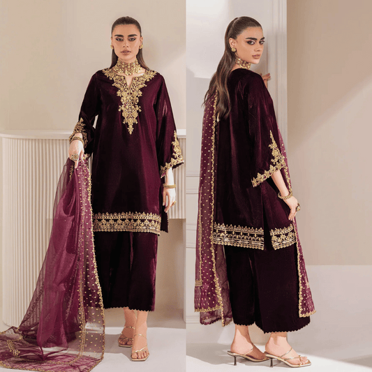 979-3 Piece Embroidered Velvet Dress