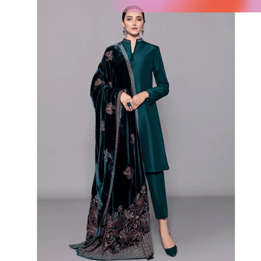 982- 3PC Shamoz Silk Dress Embroidered Velvet Shawl