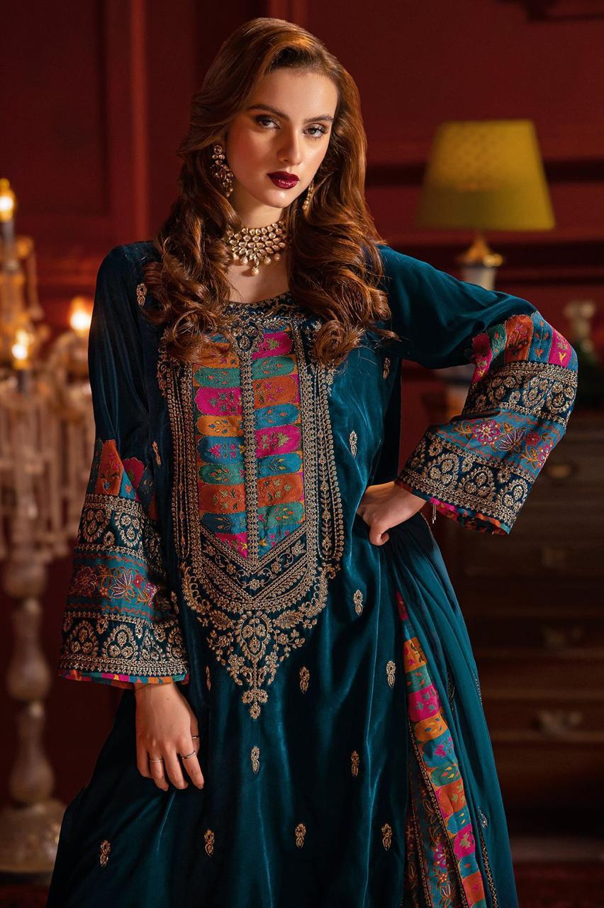744 Embroidered Velvet Dress with Printed