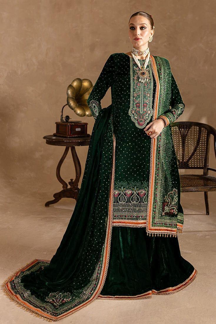 974 GREEN-3piece Embroidered Velvet Dress