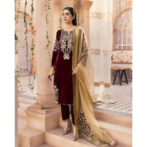 3305 - Embroidered Velvet 3-Piece Dress with Embroidered Organza