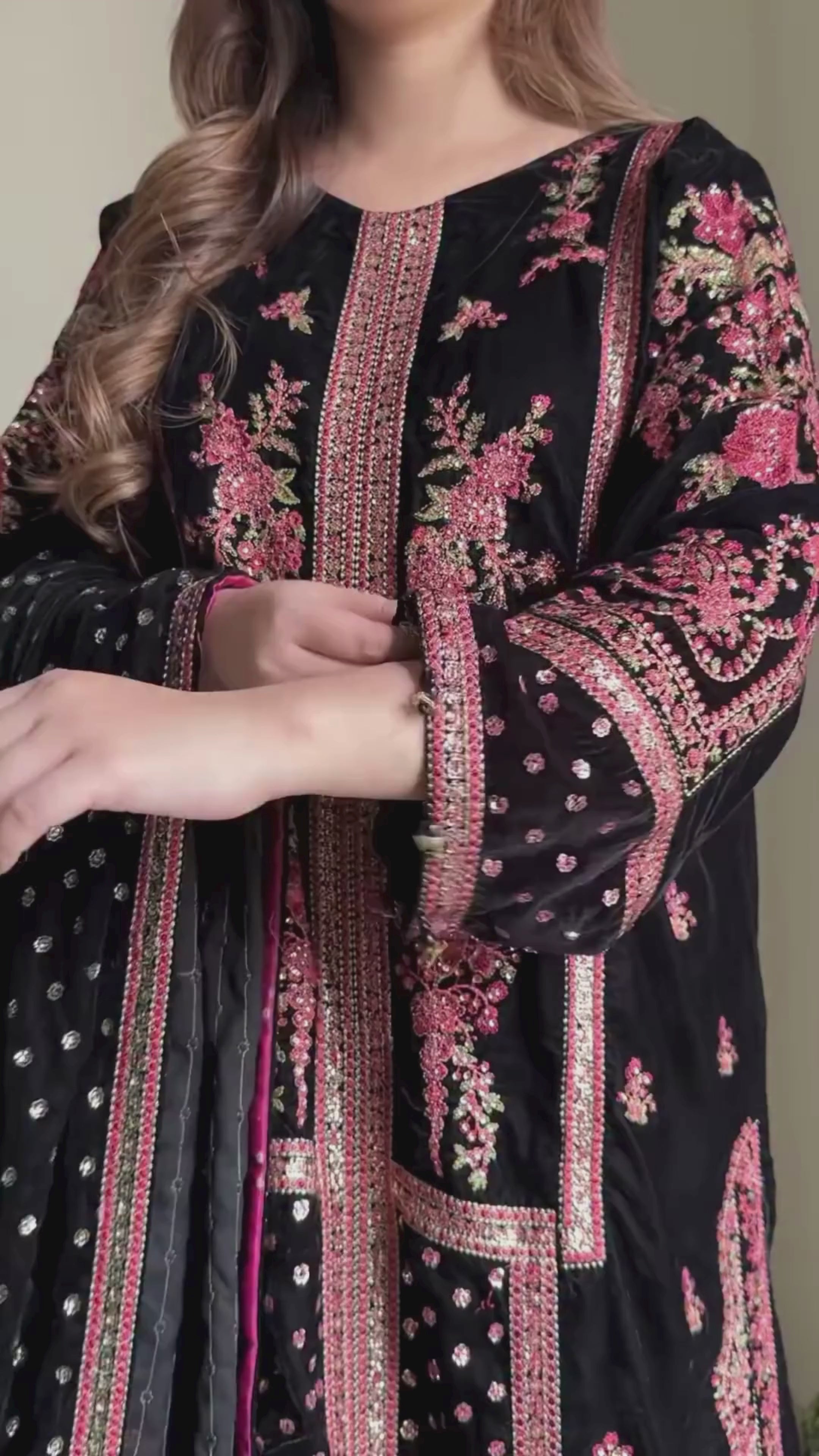 7007 - Embroidered Velvet Dress with Embroidered Dupatta