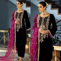 964-3PCs Velvet Dress With Embroidered Organza Dupatta