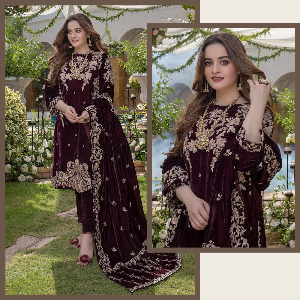 954 Embroidered Velvet Three piece with Velvet Shawl